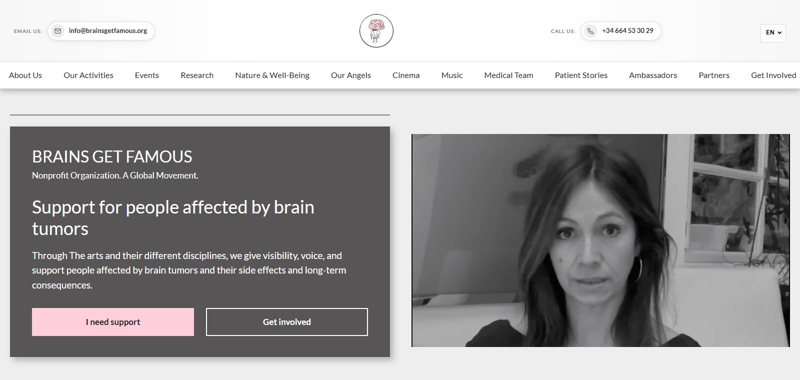 Brains Get Famous homepage with navigation, mission statement and video image